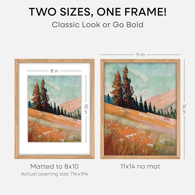 Homeforia 11x14 Picture Frame Wood, High End Natural Oak 11x14 Light Wooden Poster Frames with Mat 8x10, 11 x 14 Frames Matted to 8 x 10 Photo, 14x11 Hanging Frames, Tempered Glass, Wall Kit, Set of 1