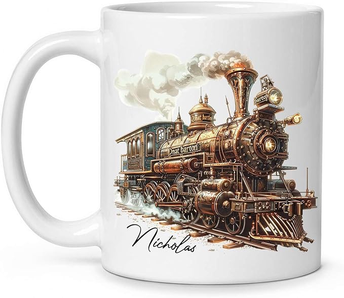 Customized Vintage Locomotive Design Ceramic Cup, Personalized Steampunk Train Coffee Mug 11oz 15oz, Unique Custom Name Mug Gift For Train Enthusiasts, Steam Engine White Mug