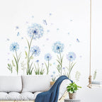Dandelion Flower Butterfly Wall Decals Blue Dandelion Plants Floral Wall Stickers Peel and Stick Vinyl Wall Art Decor for Living Room Bedroom Office TV Sofa Backdrop Home Decor Gifts for Mom