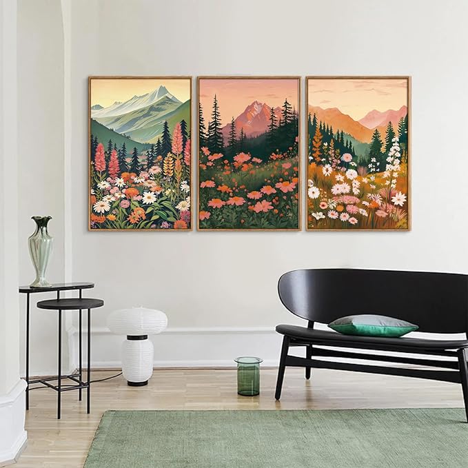 Tinonedraw Colorful Nature Flowers Framed Canvas Wall Art Set, Boho Blue Ridge Mountain Wall Decor,Floral Forest Scenery Artwork, Modern Wildflower Blossom Landscape Art Prints for Living Room Bedroom Office 16"x24"x3