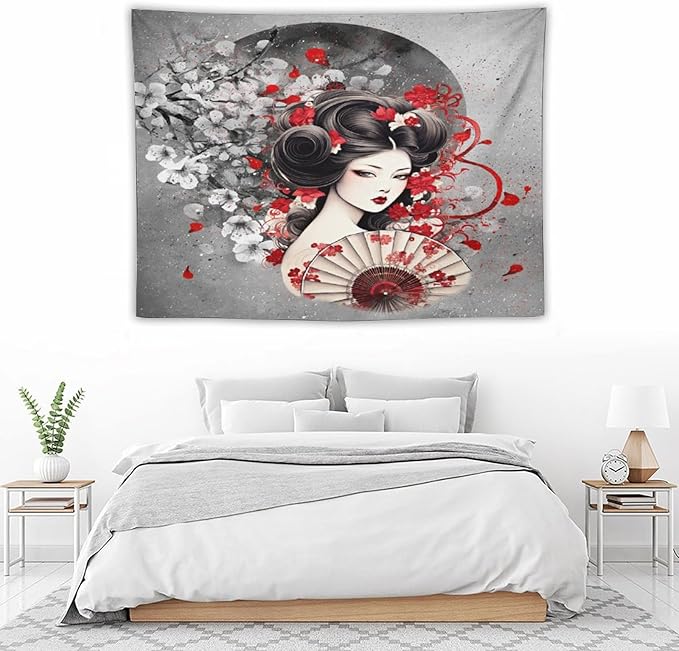 Japanese Geisha Tapestry Asian Red Cherry Blossom Red Sun Traditional Kimono Folk Tapestries Home Decor for Living Room Bedroom Apartment Farmhouse Dorm 40"x30"