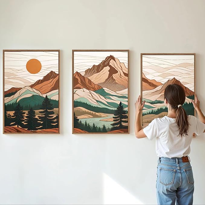 Tinonedraw Mountain Framed Canvas Wall Art Set of 3, Sunrise Forest Woodland Landscape Art Prints, Boho Coloful Ridge Scenery Wall Decor, Wood Pine Wilderness Art Paintings for Living Room Bedroom, Office 16"x24"
