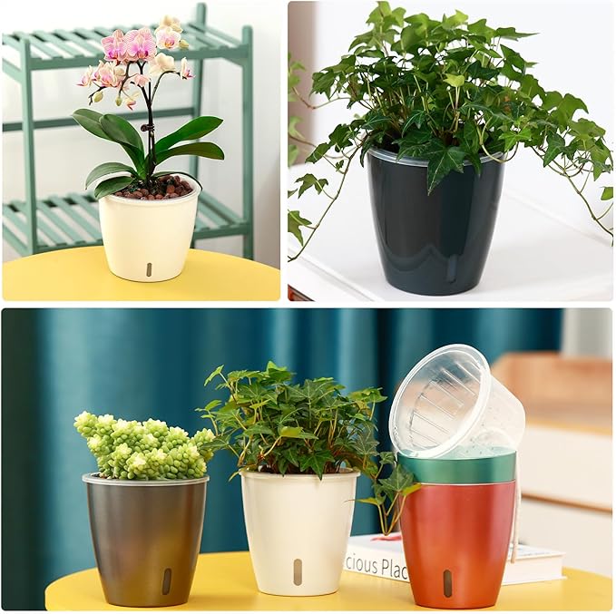 Self-Watering Pots for Indoor Plants, 6-Pack 6.7'' Self Watering Planter with Drainage Holes, Small African Violet Pots with Water Indicator, Clear Wick Pot, Black