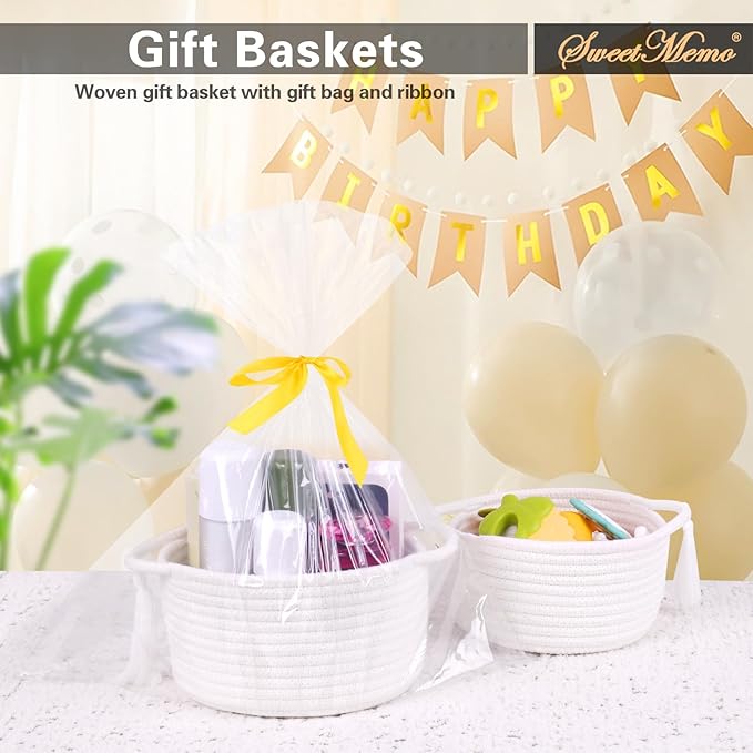Small Gift Basket Empty to Fill – SweetMemo Cute Woven Organizer Baskets with cellophane wrap for Kids, Baby Shower, Office, Bathroom, Bedside – Little Decor Cotton Rope Bin with Handles - White
