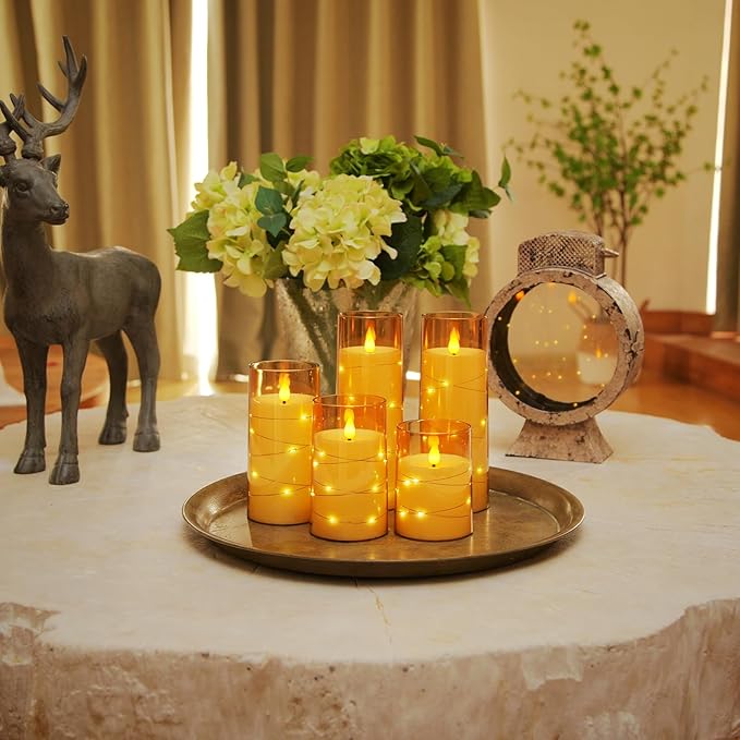 Homemory Acrylic Flameless Candles with Embedded Star String Fairy Lights, Battery Operated Candle, LED Candles, Fake Candles with Remote Control and Timer for Halloween, Amber, Set of 5(H4"5"6"8"8")