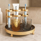 YUPER Bathroom Counter Organizer, Round Bathroom Organizers and Storage with Toothbrush Holder, Makeup Storage Vanity Tray Perfume Organizer, Bedroom Corner Counter Storage Sink Shelf Gold