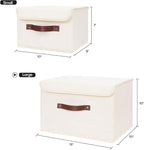 ANMINY 2PCS Storage Bins with Lid PU Leather Handles Storage Boxes PP Plastic Board Decorative Foldable Lidded Cotton Linen Fabric Home Cubes Baskets Closet Organizer Containers - Beige, Large Size