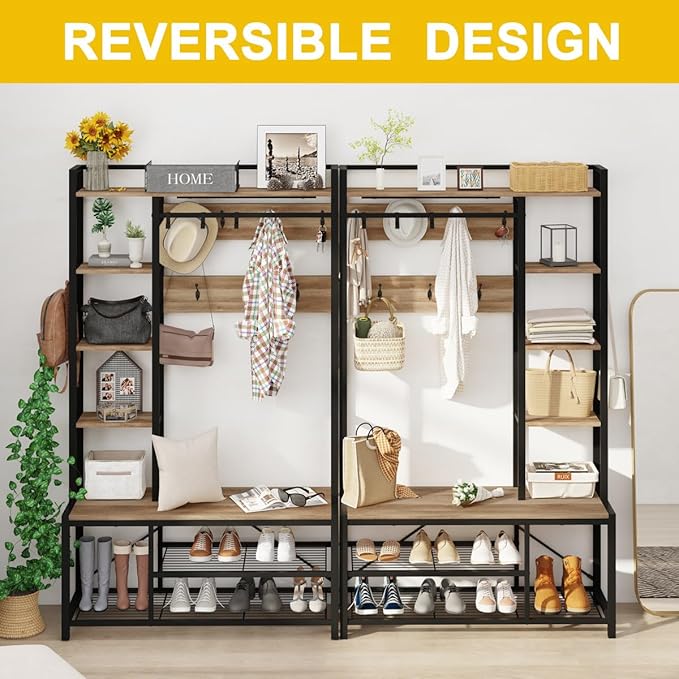 BON AUGURE Farmhouse Hall Tree for Entryway, Mudroom Bench with Shoe Storage, Large Coat Rack Shoe Bench with 5 Tier Open Shelves, Adjustable Side Hooks and Hanging Rod for Foyer (Vintage Oak)