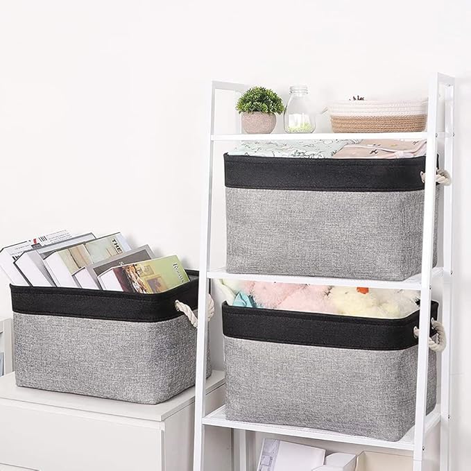 TheWarmHome Organization and Storage Basket for Shelves - 20x16x14 inch Jumbo 3 Pack Collapsible Storage Bins for Organizing, Fabric Storage Cubes for Organizer Gift Toy Closet (Black & Grey)