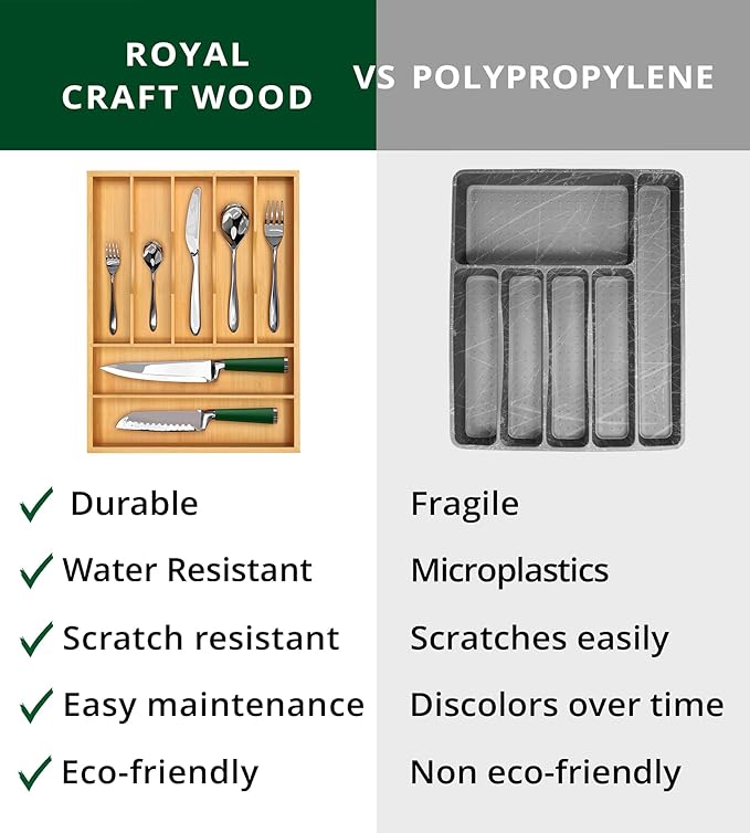 ROYAL CRAFT WOOD Luxury Bamboo Utensil Rack and Silverware Organizer, Kitchen Drawer Organizer - Utensil Holder and Cutlery Tray with Grooved Drawer Dividers for Flatware 7 Slot, Natural