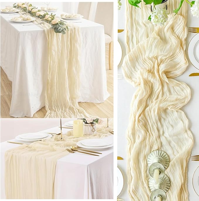 10FT 12 Pack Beige Cheesecloth Table Runner 20 x 120 Inch Long Rustic Gauze Fabric Cheese Cloth Table Runner for Wedding Bridal Baby Shower Table Decorations Boho Sheer Birthday Party Table Decor