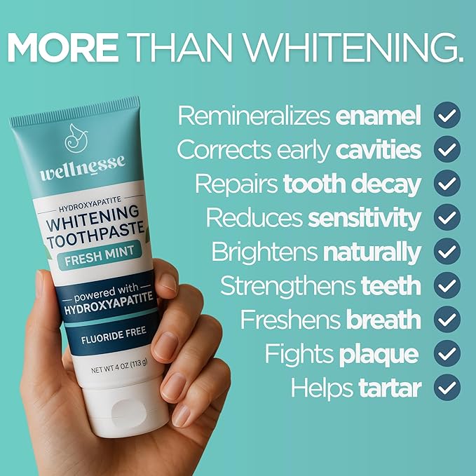 Wellnesse Whitening Hydroxyapatite Toothpaste with Xylitol, Natural Fluoride-Free Teeth Whitening Toothpaste for Adults, Strengthens Enamel, Supports Gum Health, Fresh Mint Flavor, 4 oz (Pack of 3)