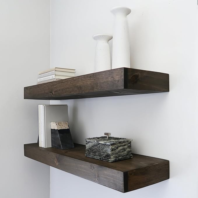 Modern Floating Shelves 3 Inches Thick for Wall, Wide Shelves for Kitchen, Living Room, Bedroom, and Bathroom, Natural Pine Wood, Rustic Wooden Shelf, (Set of 2) (Jacobean, 24Lx3Hx6D)