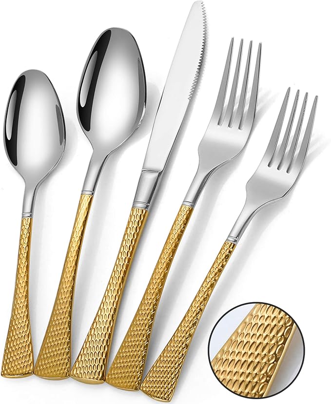 Hammered Silver Gold Silverware Set for 8,Stainless Steel 40-Piece Modern Cutlery Set,Mirror Polished Heavy Duty Flatware Set Utensil Set,Knives Spoons and Forks Set,Dishwasher Safe