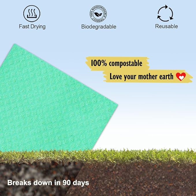 Swedish Dishcloths - 10 Pack Reusable Kitchen Dishcloths - Ultra Absorbent Dish Towels for Washing Dishes - Cellulose Sponge Cloth Cleaning Cloths - Green