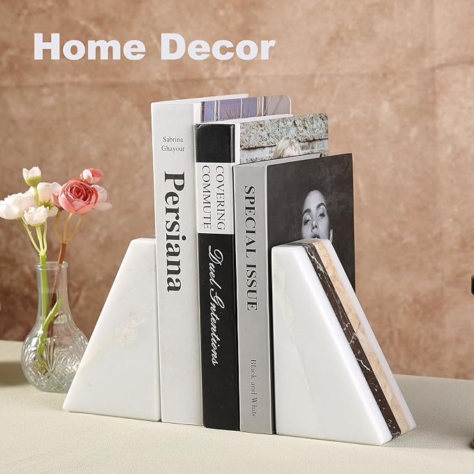 Marble Book Ends, Non-Skid Bookends for Shelves, Composite Bookend with Natural Marble, Heavy Duty Book Stopper, Collected CDs and Oversized Books Organizer, Gold & Black Decorative Bookends