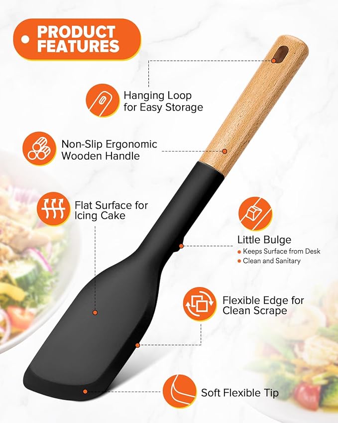 Cooking Spoon and Scraper for Nonstick Cookwares, Great for Cooking and Serving Durable BPA-Free Matte Silicone, Wood Handle Multifunction Spoon for Mixing, Scoop, and Scrape (BLACK)