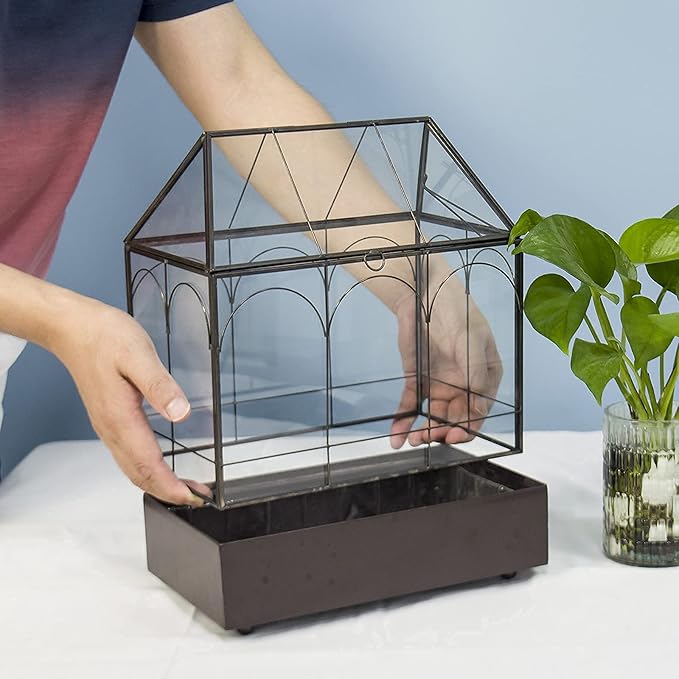 Large Tall Glass Plant Terrarium – House Succulent Terrarium Kit with Lip and Tray Glass Greenhouse Terrarium for Plant 9.5”X5.7”X11.4”