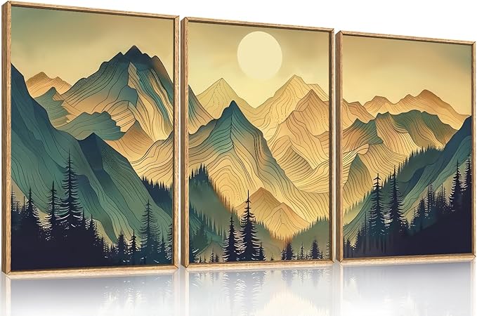 Celestdeco Mountains Forests Framed Canvas Wall Art Set, Abstract Sun Woodland Painting, Boho Scenery Sun Wall Decor, Natural Woodgrain Art Print for Living Room, Bedroom, Dining Room, Office - 16"x24"x3