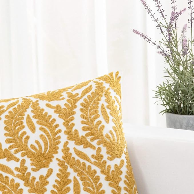 HWY 50 Mustard Yellow Decorative Throw Pillow Covers 18x18 Inch, Pack of 2 Embroidered Cotton Farmhouse Cushion Cover Pillow Case for Sofa Couch Living Room Bed Bedroon, Accent Branches