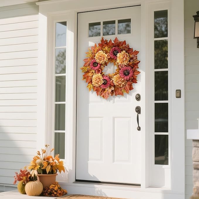 28'' Large Fall Wreath for Front Door, Porch, Window- Artificial Maple Leaves Faux Sunflower Hydrangea Pumpkins Outdoor Autumn Wreath for Home, Farmhouse Wall Thanksgiving Day Harvest Festival Decor