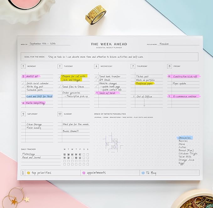 ThreeKin Essential Weekly Planner - 8.5"x11", 52 Tear-Off Sheets, Motivational Design, Goal Setting, Time Management, To-Do Lists, Productivity Organizer, Perfect for Home, Office, Students, Work