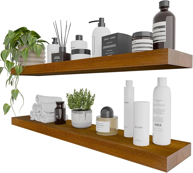 IAE Walnut Floating Wall Shelves 36 inch, Bathroom Shelves Wall Mounted,Invisible Shelves Floating Kitchen Shelves,Wooden Wall Shelves with Brackets for Living Room Wall Mounted,Easy Install,Set of 2