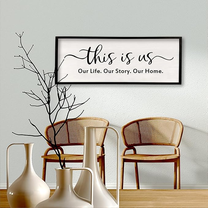 This is us Wall Decor Sign 32'' x 12'' Large Master Bedroom Home Life Story Wood Framed Vintage Family Sign Rustic Plaque Living Room Minimalist Farmhouse Hanging Wall Art (Black)
