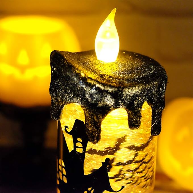 Eldnacele Halloween Snow Globe Candles Lighted Lamp, Battery Operated Spooky Spinning Water Glittering Tornado Candle Flameless Candles Table Centerpiece for Halloween Decoration Indoor(Castle)