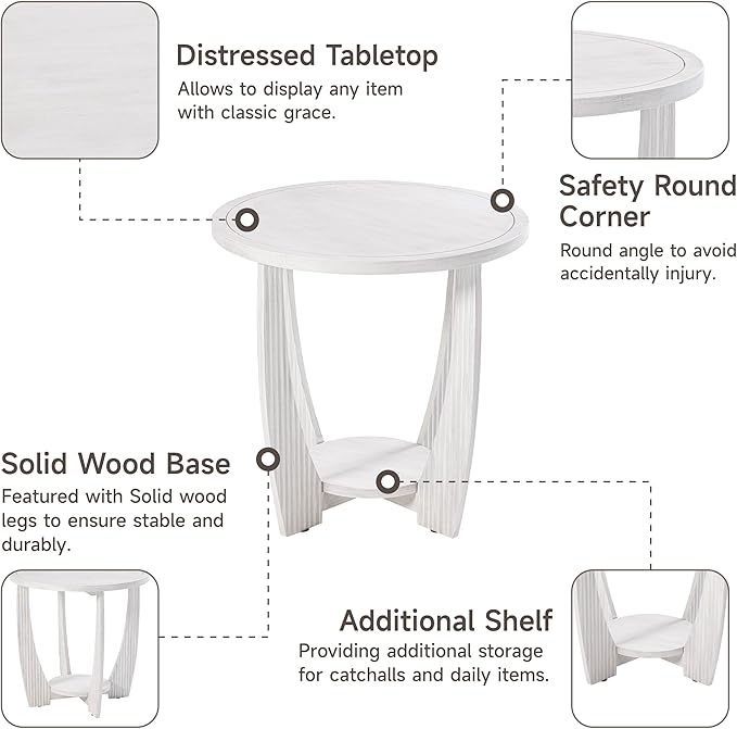Rustic Farmhouse End Table Set of 2 with Storage Shelf - White Distressed