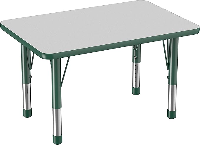 FDP Rectangle Activity School and Classroom Kids Table (24 x 36 inch), Chunky Toddler Leg, Adjustable Height 15-24 inches - Gray Top and Green Edge
