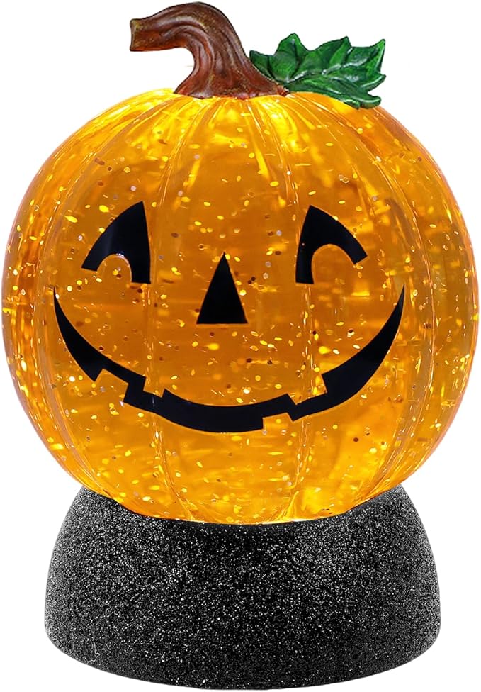 Halloween Snow Globe Lantern Pumpkin Lighted Halloween Snow Globes Battery Operated or USB Powered with 6H Timer Musical Snow Globe Glitter for Spooky Party Home Table Decorations (Pumpkin)