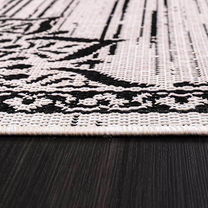 CAMILSON Outdoor Rug, 5x7 Medallion White Black Modern Area Rugs for Indoor and Outdoor Patios, Kitchen and Hallway Mats, Washable Porch Deck Outside Carpet (Medallion White, 5 x 7)