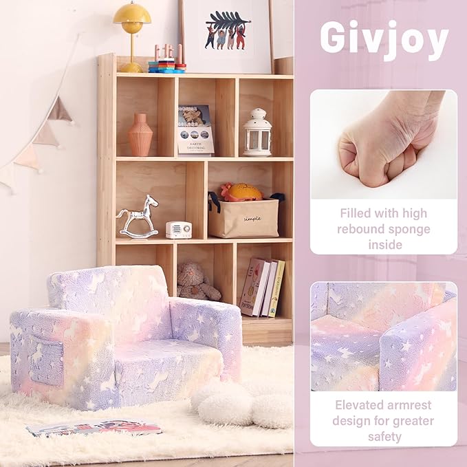 Toddler Chair Kids Couch, 2-in-1 Toddler Soft Sherpa Couch Fold Out Armchair with Removable Cover, Convertible Reading Chair Toddler Sofa for Kids, Glow in The Dark Purple Horse