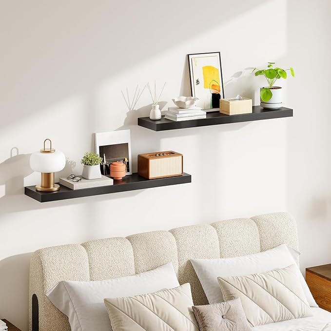 HOOBRO Floating Shelves for Wall, Wall Mounted Shelf Set of 2, 39.4" Hanging Shelf with Invisible Brackets, for Wall in Bathroom, Bedroom, Toilet, Kitchen, Livingroom, Office, Black BK100BJP201