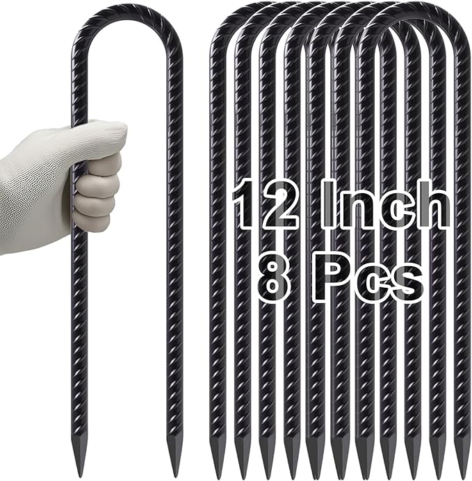 VVOKGO Trampoline Stakes 12 Inches Anchors High Wind Heavy Duty, 8-Pack U Shaped Tie Down Anchor Kit for Ground, Camping Tent, Soccer Net, Swing Set, Black