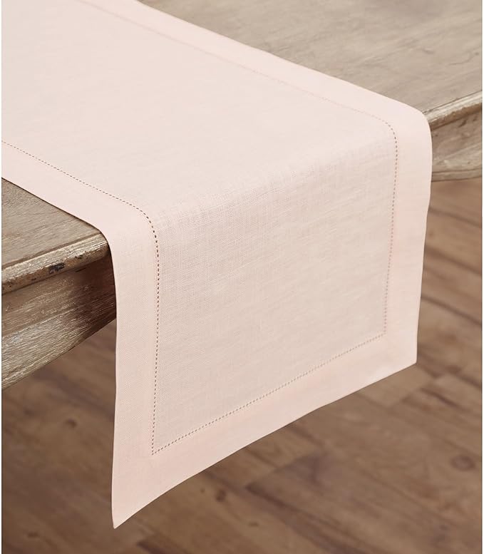 Solino Home Linen Pink Table Runner 48 Inches - Classic Hemstitch, 100% Pure Linen Coffee Table Runner 14 x 48 Inch Ideal for Dresser Tables - Halloween