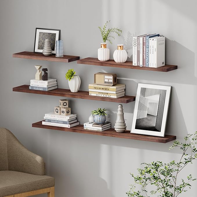 SAUMONIERES Floating Shelves 8 Inch Deep Solid Wood Wide Wall Shelf Set of 2 Wall Mounted for Bedroom Bathroom Living Room Kitchen, 24 Inch Walnut