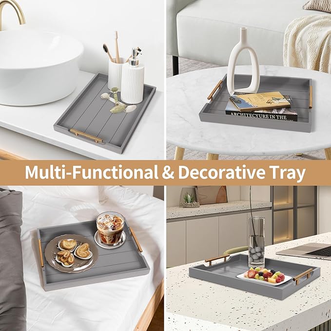 Coffee Table Tray - Large Ottoman Trays for Living Rooms - Wood Serving Tray with Handles(2 Sets) - Wooden Tray for Coffee Table, 4 Round Coasters Included, Gray