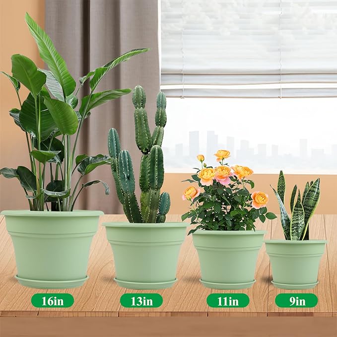 13 Inch Plastic-Flower-Pot-for-Indoor-Plants, 4 Pack Large Outdoor Planter Pot with Drainage Holes & Saucers, Resin Decorative Garden Pots Planters