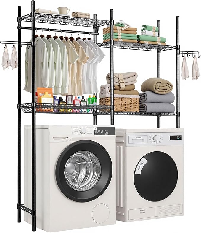 VEVOR Over The Washer and Dryer Storage Shelf, 4 Tier Laundry Room Drying Rack with Hanger Rod and Hooks, Adjustable Over Washer and Dryer Shelves, Laundry Room Shelf Storage Space Saver, Black