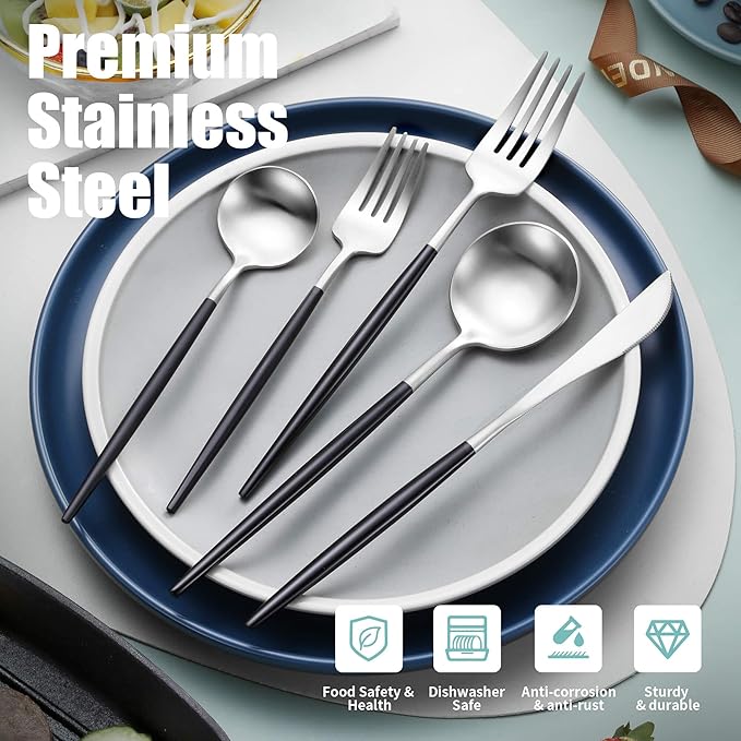 Matte Black Silver Silverware Set for 4,Modern Stainless Steel Brushed Cutlery Set,20-Pieces Heavy Duty Flatware Set,Knives Spoons and Forks Set Utensils Set, Satin Finish, Dishwasher Safe