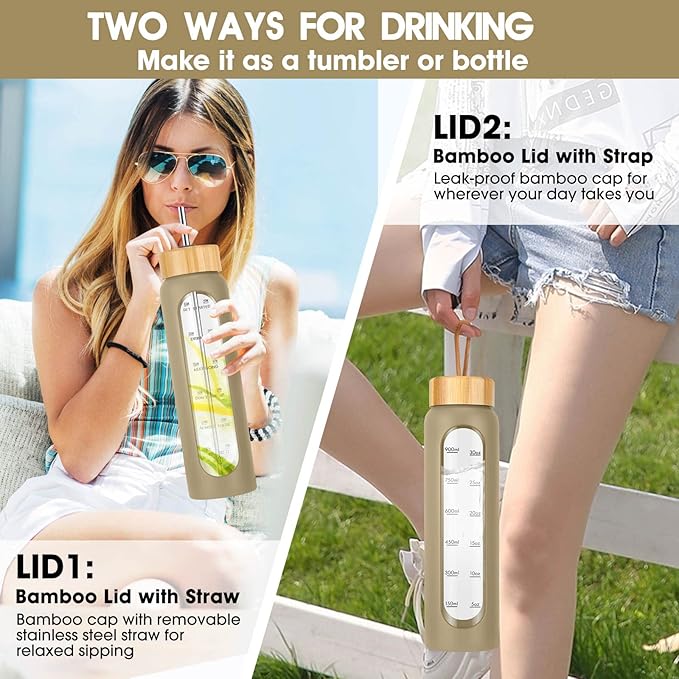 32 oz Glass Water Bottle with Straw - Motivational Time Marker & Silicone Sleeve - Reusable Tumbler Includes 2 Bamboo Lids & Fruit Infuser - 1 Pack