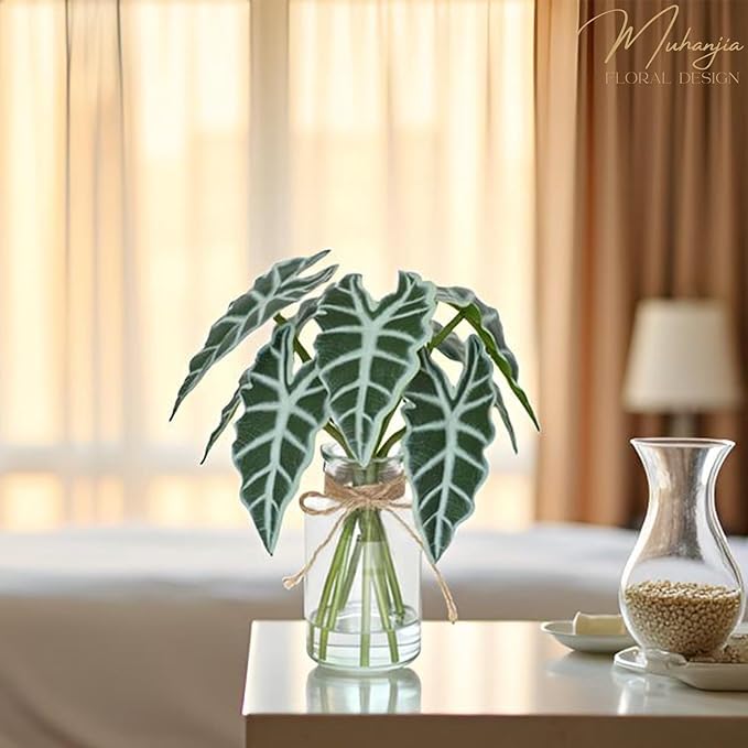 Artificial Flowers Turtle-Back, Alocasia Leaf, in Glass Vase with Faux Water,7Pcs Artificial Leaves Real Touch Latex Leaves for Centerpiece (2, Alocasia Leaf)