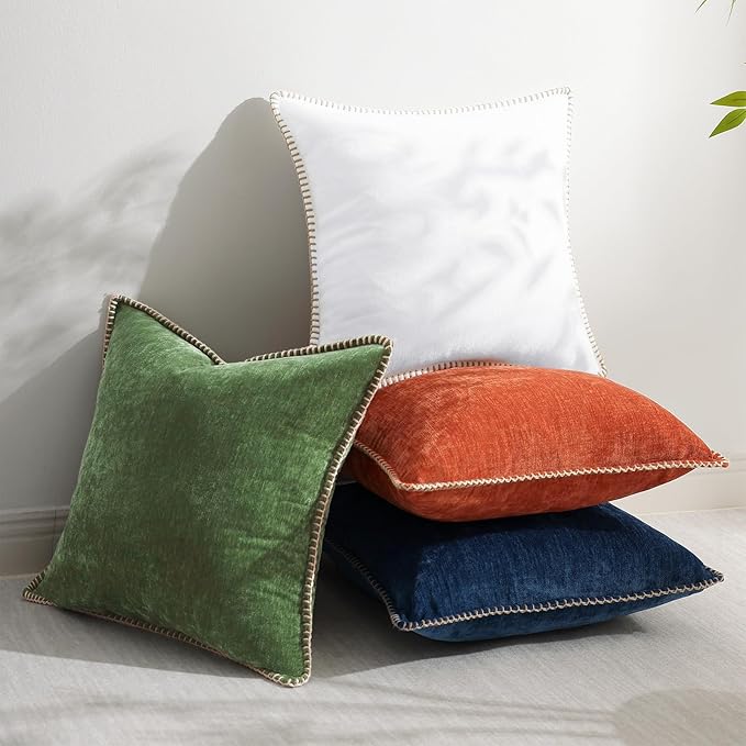 decorUhome Fall Chenille Soft Throw Pillow Covers 16x16 Set of 2, Farmhouse Velvet Neutral Decorative Euro Pillow Covers with Stitched Edge for Couch Sofa Bed Home Decor, Forest Elf