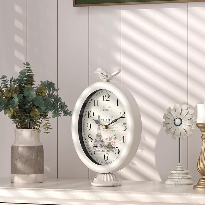 Vintage Table Clock with Bird, Desk and Shelf Decor Clock, French Paris Style, Antique White Metal Mantel Clocks for Living Room, Farmhouse, Bedroom, Bedside, Gift (10" H x 5.9" W)
