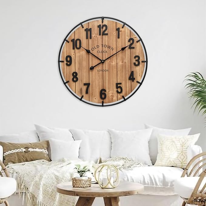 Large Old Town Farmhouse Wall Clock 24 Inch Rustic Antique Wood with Metal Circle and Large Numerals Silent Battery Operated Wall Clock for Office Kitchen Bedroom Living Room