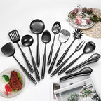 304 Stainlss Steel Matte Kitchen Utensils Set, 12 Pcs Long Metal Cooking Utensil Gadgets Tools Set with Spatula, Ladle, Spoon, Ladle, Skimmer, Tunner, Pasta Server, Tongs(Black, Dishwasher Safe)