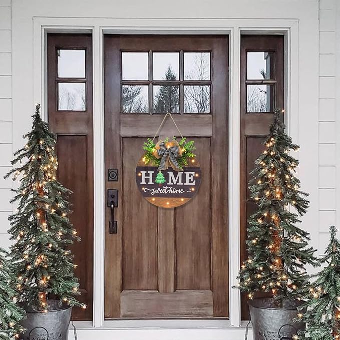 Interchangeable Welcome Sign for Front Door with 14 Changeable Icons, Farmhouse Front Porch Decor Rustic Wooden Wall Sign with 12 LED Lights, Outdoor Seasonal Welcome Home Decorations (Wood home1)