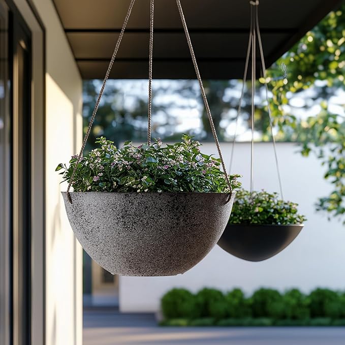 LA JOLIE MUSE Large Hanging Planters for Outdoor Plants - 13 Inch Hanging Flower Pots with Drainage Holes, Set of 2, Rock Grey